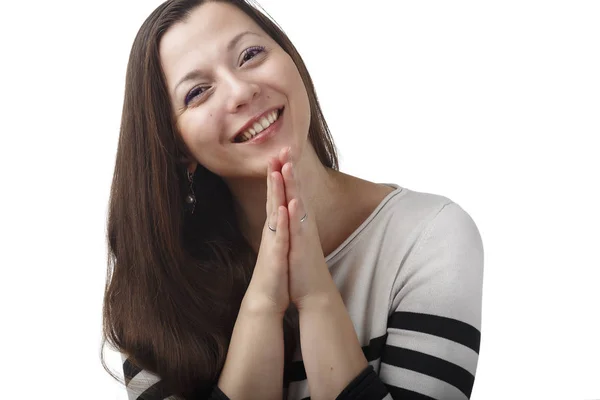 Menina Camisola Listrada Feliz Sobre Algo Fundo Branco — Fotografia de Stock