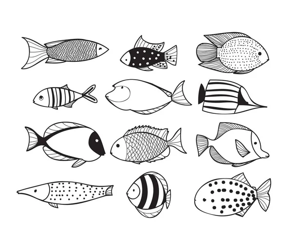 Collection de poissons noirs et blancs — Image vectorielle
