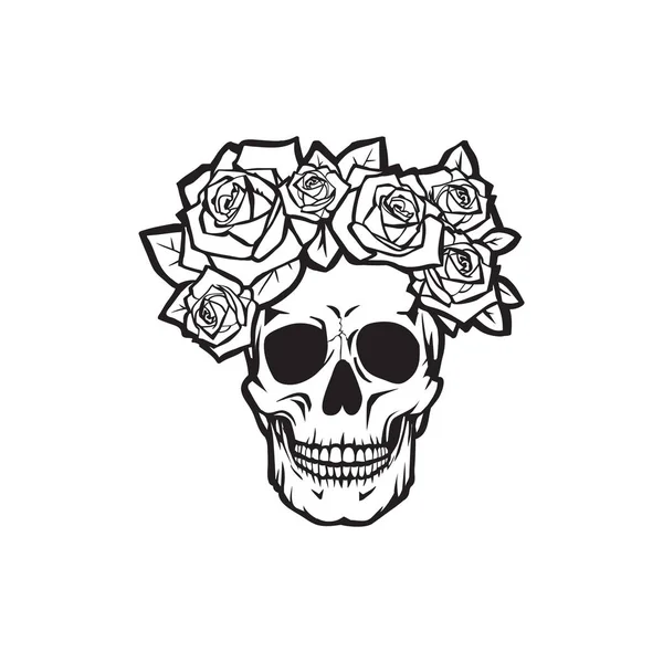 Calavera humana con rosas en blanco y negro — Vector de stock