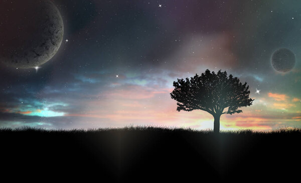 Raster Illustration of Lonely Tree Silhouette in The Night With Vivid Sky and Abstract Planetes in The Background