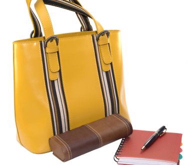 Hanım'ın çanta, gözlük, defter ve kalem whit üzerinde izole olgusu