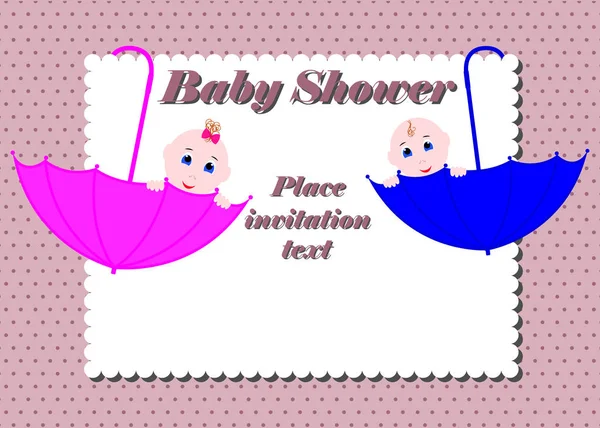 Tarjeta de invitación para baby shower. Lindo chico y chica sentado en umbrel — Vector de stock