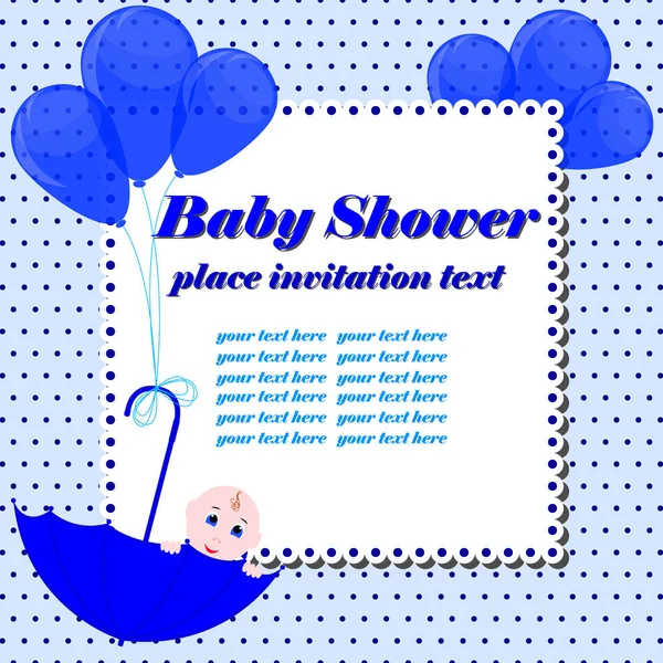Tarjeta de invitación para baby shower. Lindo chico sentado en paraguas. Desig. — Vector de stock