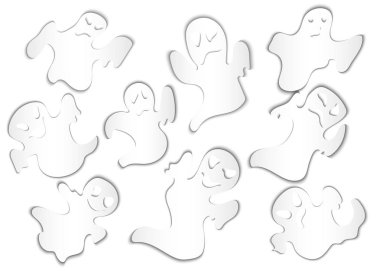 Koleksiyon, hayalet ile tasarım, beyaz arka plan üzerinde izole için farklı karakter kümesi. Kağıt tarzı kesti. Vektör çizim.