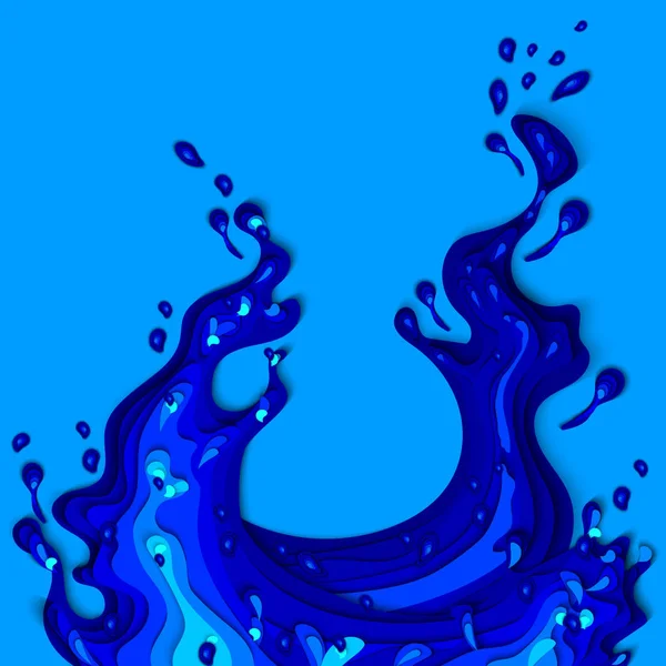 Concepto ecológico, salpicaduras y gotas de agua sobre un fondo azul. Papel recortado estilo. 3d vector ilustración . — Vector de stock