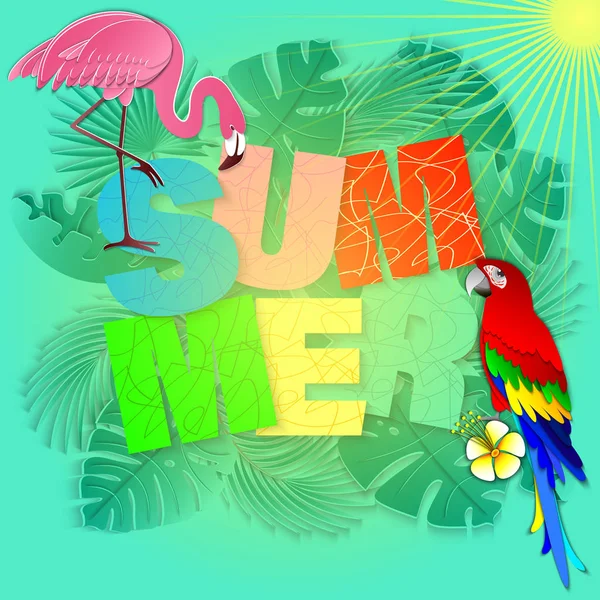 Summer banner with tropical berds, palm leaves and flowers background. Exotic 3d design for sale banner, flyer, invitation, poster, web site or greeting card. Paper cut out style, vector illustration. — Stock Vector