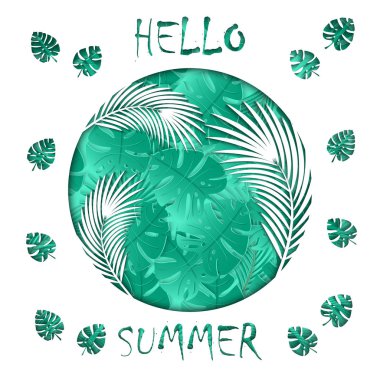 Yaz afiş ile oyulmuş palmiye yaprakları ve yazıt Merhaba yaz. Egzotik arka plan. 3D tasarım satış afiş, davetiye, poster, Web sitesi veya tebrik kartı için. Kağıt kırpma stil, vektör çizim.
