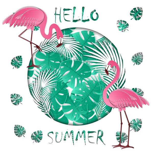 Yaz afiş oyma palmiye yaprakları ve iki flamingolar ile. Egzotik arka plan. 3D tasarım satış afiş, el ilanı, davet, poster, Web sitesi veya tebrik kartı için. Kağıt kırpma stil, vektör çizim. — Stok Vektör