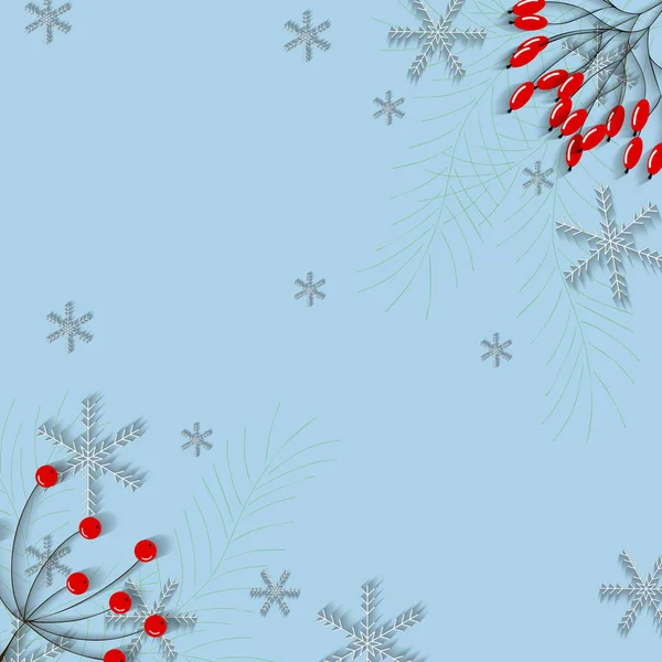 Composition Noël Hiver Cadre Branche Pin Flocons Neige Baies Rouges — Image vectorielle