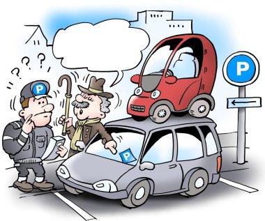 Daha büyük bir büyük arabanın çatısına onu küçük araba park etmiş yaşlı bir cimri adam Karikatür illüstrasyon