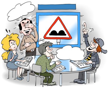Çeşitli trafik işaretleri hakkında bilgi öğrenen bir lisans öğrencisi karikatür illüstrasyon