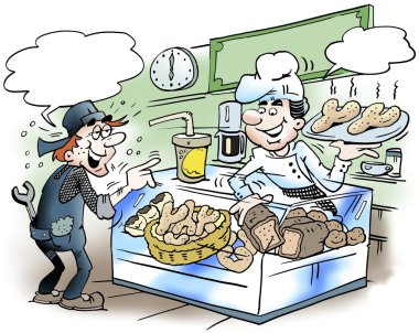 Ekmek farklı satın bir mekanik Karikatür illüstrasyon