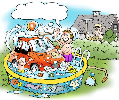 Aile banyo havuzunda onun küçük araba yıkar bir aile babası Karikatür illüstrasyon