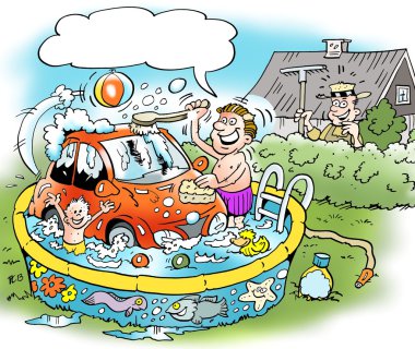 Cartoon illustration of a family man who washes his little car in the familys bathing pool clipart