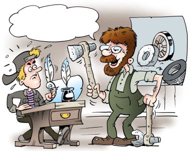Eski okulda genç bir mekanik karikatür illüstrasyon, kim mekanik araçları hakkında bilgi