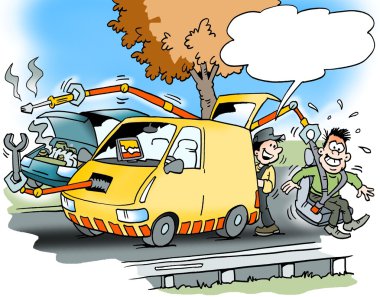 Birçok modern tesisleri olan bir araba ile bir yol yardımı Karikatür illüstrasyon