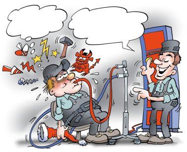 O bir pompaalır bu yüzden bir Noel partisi için çok fazla alkol olan bir mekanik Karikatür illüstrasyon