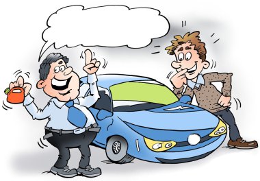 Bir hibrid Araba ve küçük bir benzin lisi gösteren bir araba satıcısı Karikatür illüstrasyon