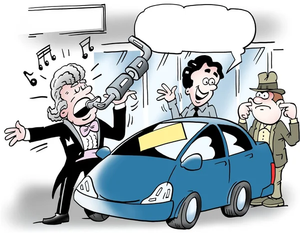 Карикатурная иллюстрация продавца автомобиля, который садится в выхлопную трубу автомобиля — стоковое фото