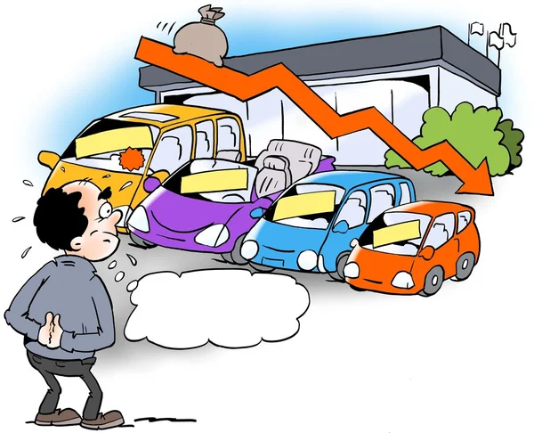 Cartoon illustration of a dealer who looks at a declining sales trend — Stock Photo, Image