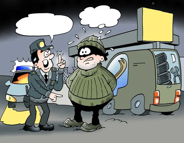 Kreslená ilustrace důstojníka, který hovoří s bandita — Stock fotografie