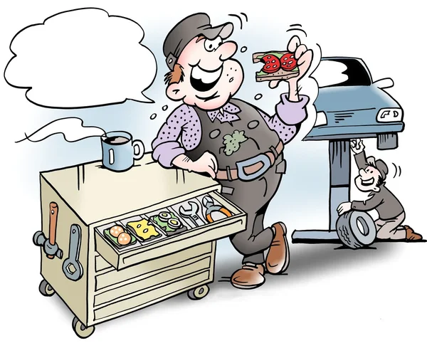 Kreslená ukázka mechanika, která má polední sendviče v skříňce s nářadím — Stock fotografie