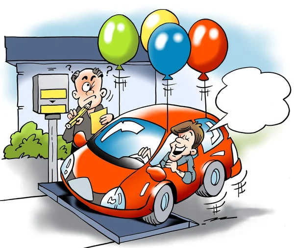 Cartoon illustration of a car owner trying to cheat with the total weight of the vehicle road tax — Stock Photo, Image