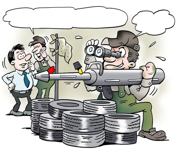 Cartoon illustration av en mekaniker med en speciell fett pistol verktyg som ser ut som en militär bazooka — Stockfoto