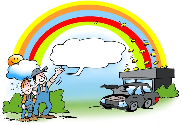 Illustrazione a fumetti di un meccanico che guadagna oro alla fine dell'arcobaleno su vecchie auto usate — Foto Stock