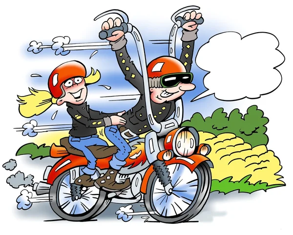Arkasında oturan kız arkadaşı ile bir motosiklet üzerinde hızlı çalışan mutlu bir bisikletçi karikatür illüstrasyon