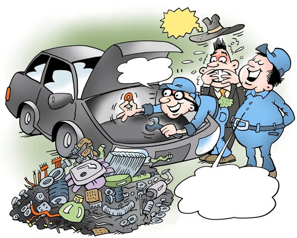 Cartoon-Illustration eines cleveren autistischen Mechanikers, der den ganzen Motor auseinandergespielt hat — Stockfoto