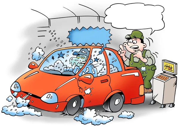 Ilustracja Cartoon mechaniki, która testuje klimatyzator w samochodzie, mechanik jest zamrożony — Zdjęcie stockowe