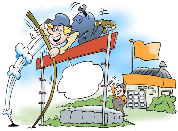 Cartoon illustration of a mechanic who jump high jump over an obstacle