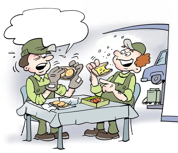 Ilustracja Cartoon dwóch mechaników, którzy jedzą obiad, jeden z nich za pomocą miękkich rękawic roboczych — Zdjęcie stockowe