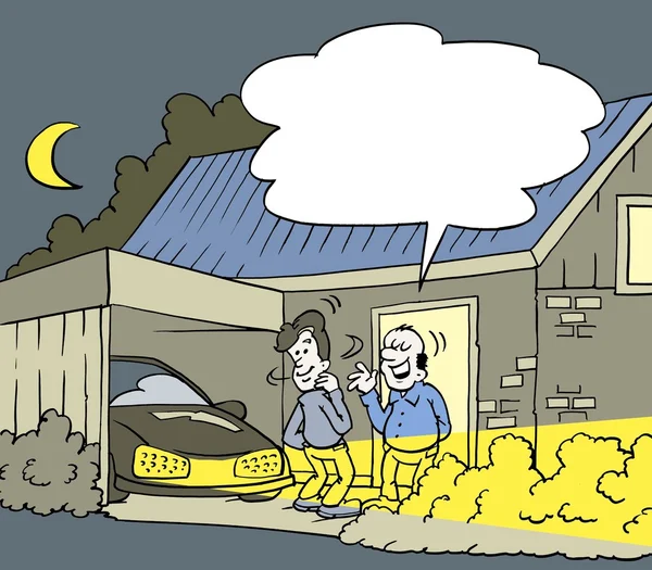 彼の新しい隣人が車の上に電球を導いた男の漫画のイラスト — ストック写真