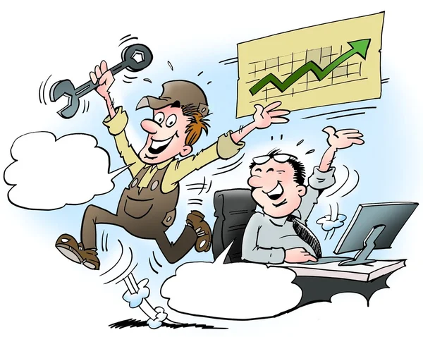 Cartoon illustration of a manager and employee there are very pleased with the high turnover