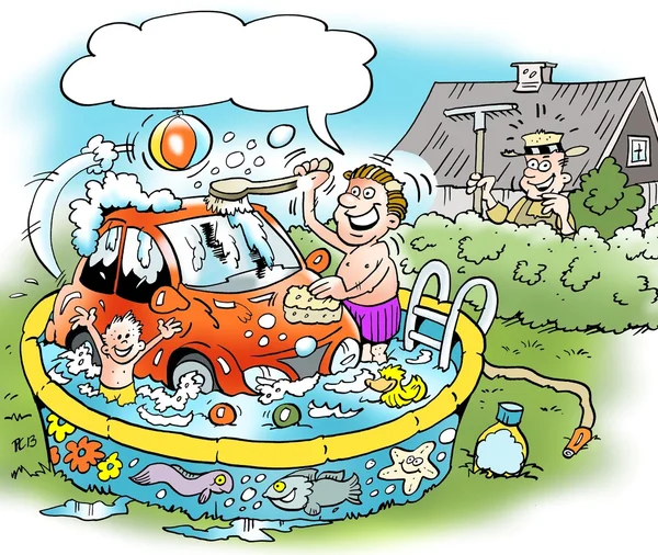 Cartoon-Illustration eines Familienvaters, der sein kleines Auto im Familienbad wäscht — Stockfoto