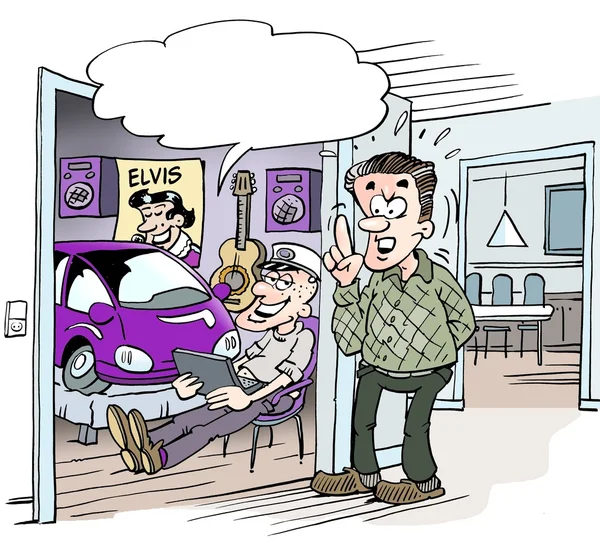 Cartoon illustration of student who received a small car in the student gift