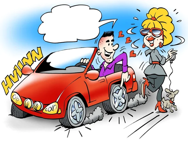 Tecknad illustration av en smart kille i hans sportbil visar den unga damen helt nya hjul på bilen — Stockfoto