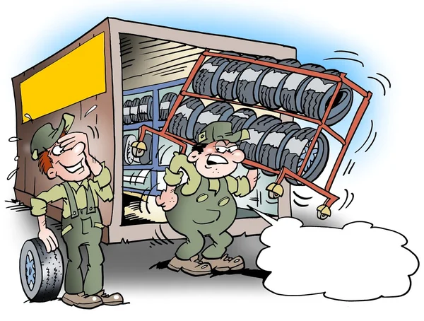 Dibujos animados ilustración de un mecánico hay arrastrando con un estante de herramientas para neumáticos — Foto de Stock