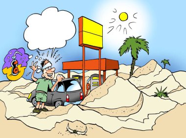 Çölde dışarı gitti ve sadece bir şişe su ihtiyacı bir motosiklet karikatür çizimi
