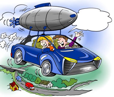 Karikatür çizimi bir aile vardır onların yeni hibrid otomobil için ekstra ekipman satın aldı