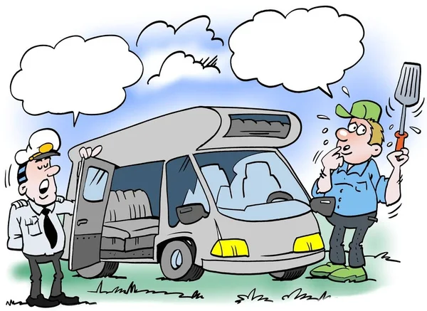 Dibujos animados ilustración de un hombre que se revisa su caravana — Foto de Stock