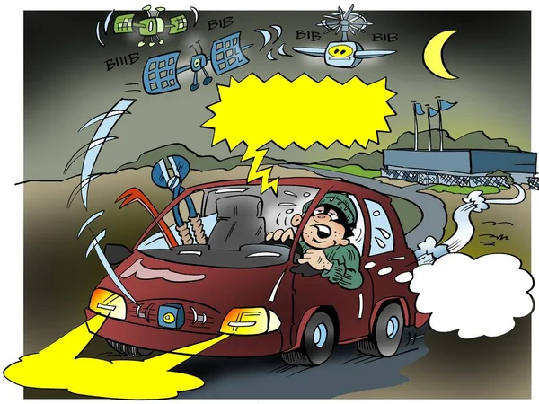 Illustrazione cartone animato di un ladro che non può sfuggire alla sorveglianza satellitare — Foto Stock