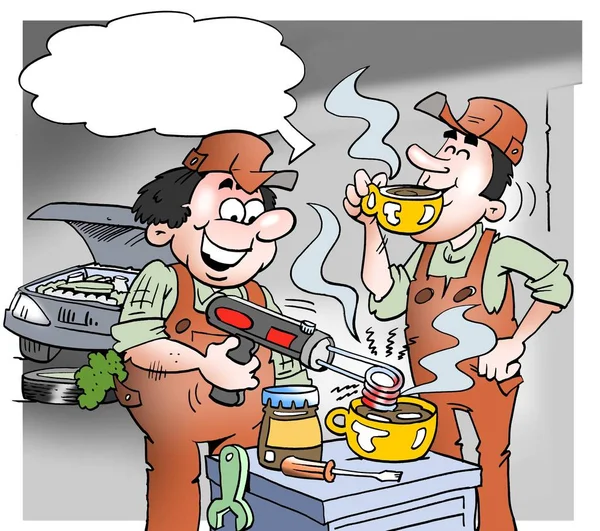 Dibujos animados ilustración de un mecánico haciendo chocolate caliente con herramientas — Foto de Stock
