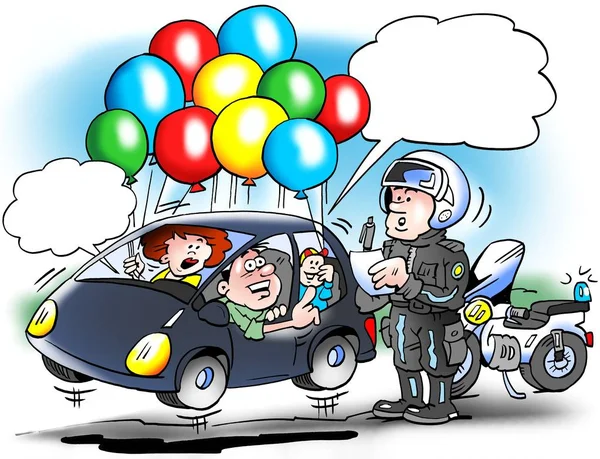 Cartoon illustration of a family car that tries to save on the gasoline, with a light car