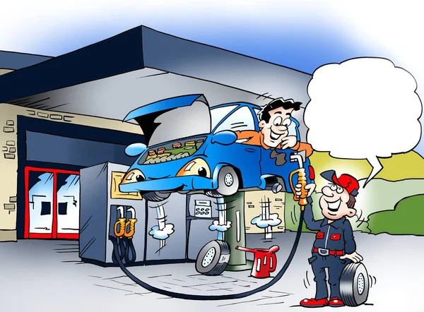 Cartoon illustration of a car that gets a wheel shift at a gas station — Stock Photo, Image