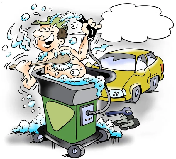 Kreslený obrázek šťastný mechanik, který bere koupel v čisté vodě stroje v dílně — Stock fotografie