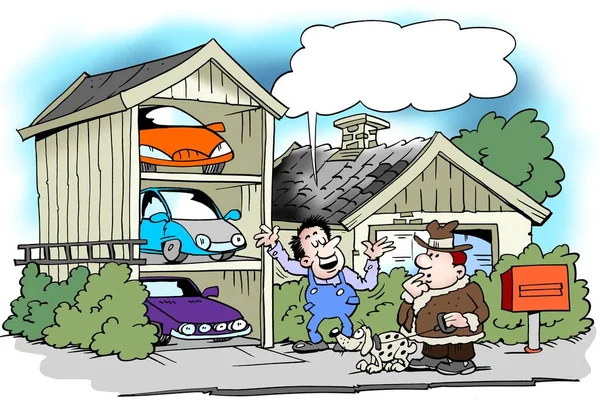 Cartoon illustration of a man who have built the garage specifically for all his cars — Stock Photo, Image