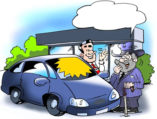 Desenhos animados ilustração de um homem mais velho que está considerando a compra de um novo carro inteligente — Fotografia de Stock